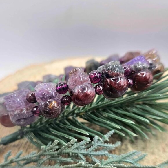 Nature Auralite 23 Hand Carved Pi Xiu Purple Garnet Feng Shui Bracelet - Picture 8 of 10